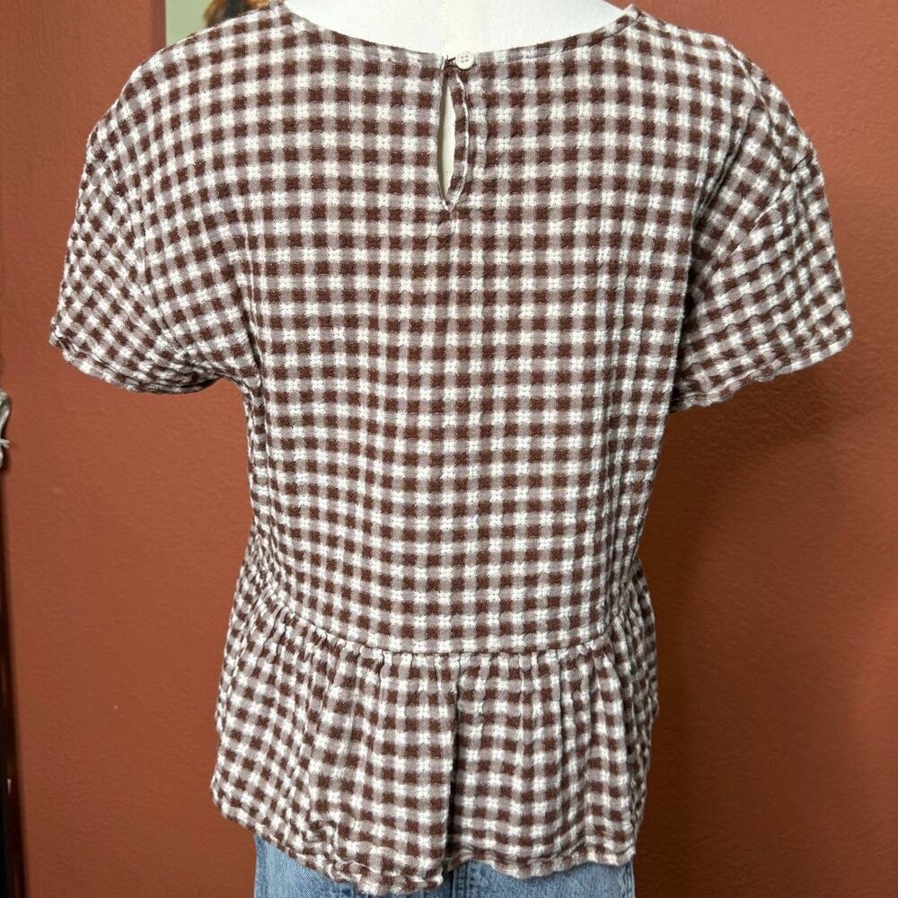 Madewell Medford Brown Gingham Checkered Peplum Short Sleeve Top Medium - Picture 3 of 8